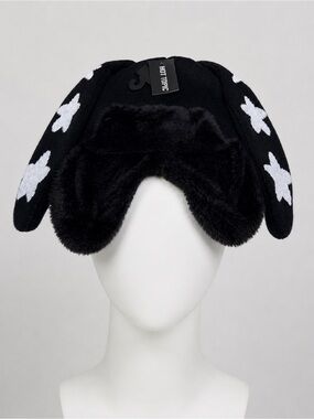 Hot Topic Bunny Star Ears Trapper‎ Hat Black White Faux Fur NWT